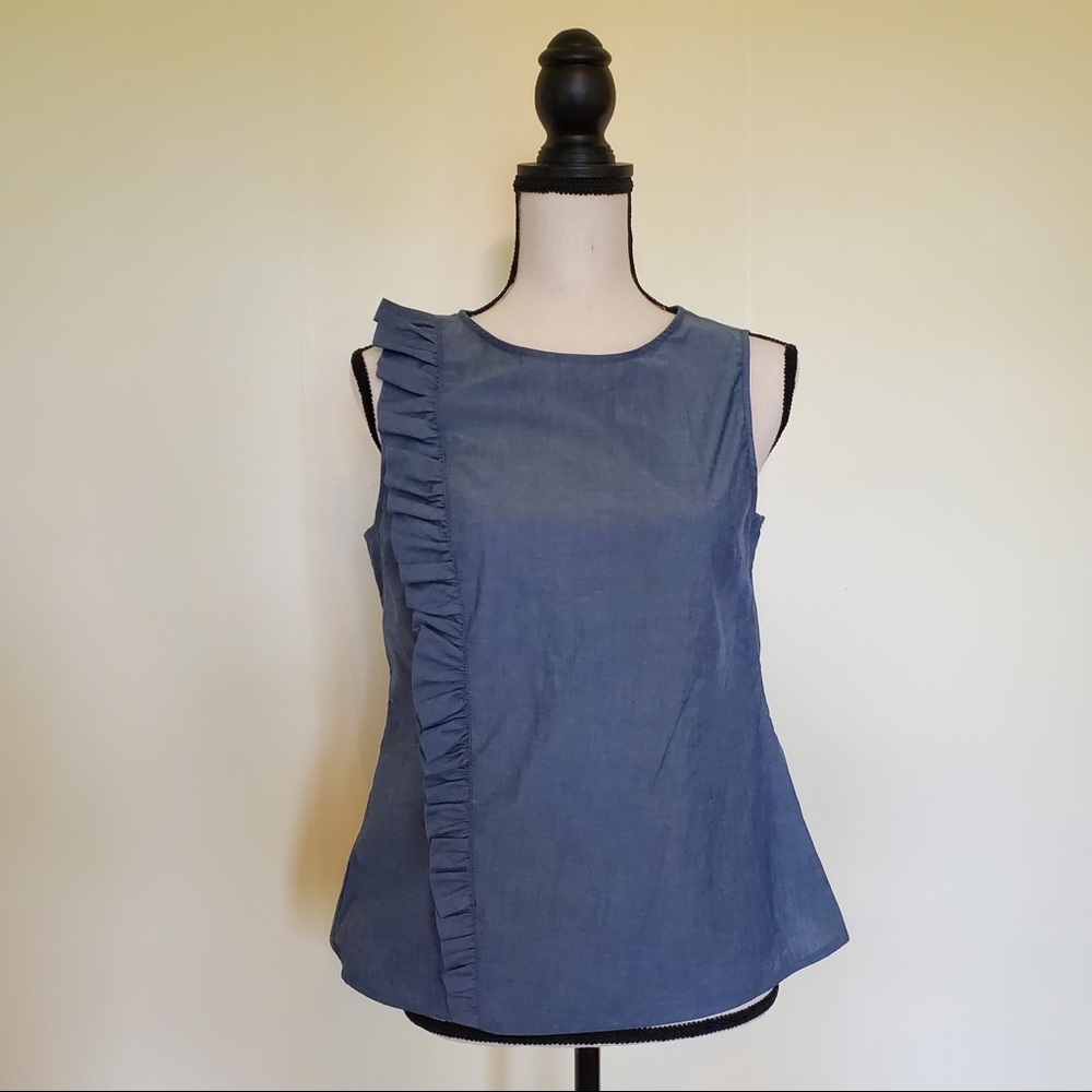 Denim ruffle zip back fitted petite tank top